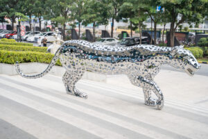 Stainless steel leopard sculpture