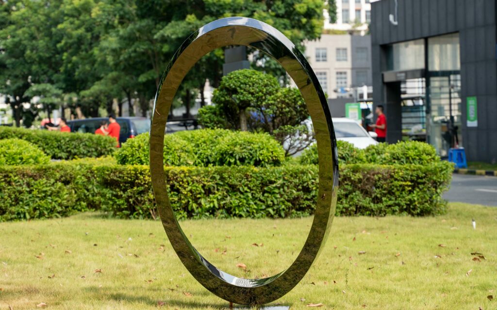 Outdoor stainless steel ring sculpture